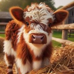 a brown and white cow standing on top of hay