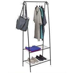 a rack with shoes and purses hanging from it's sides, next to a handbag