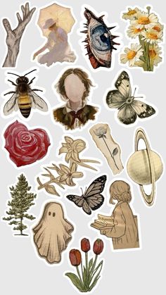 some stickers that are on the side of a white wall with flowers and bugs