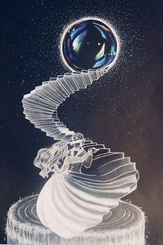 an artistic painting of a spiral staircase leading up to a crystal ball in the sky