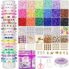 PRICES MAY VARY. 【All You Need Include】The clay beads kit includes 4740 pcs flat polymer clay beads, 460 pcs charms kit( contains A-Z letter beads, number beads,colorful heart beads,evil eye beads,shells, pendants, jump rings, lobster clasp, etc.) and beading tools (1 roll of 10 meters elastic strings,a scissor and a tweezer) . We prepare all you need for bracelet or jewelry making. 【Beginner Friendly Beads Kit】We've prepared instructions and videos tutorials to teach you step by step from bead 대학생 스타일, Clay Beads Bracelet, Friendship Bracelet Kit, Bracelet Making Kit, Polymer Beads, Jewelry Making Kits, Kraf Diy, Beading Tools, Bracelet Kits