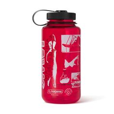 a red water bottle with white images on it