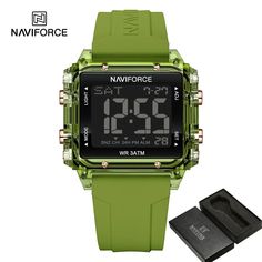 SPECIFICATIONS Brand Name: NAVIFORCE Case Material: Polyester Water Resistance Depth: 3Bar Style: SPORT Origin: Mainland China Band Material Type: RUBBER Band Length: 25 Movement: Digital Clasp Type: Buckle Case Shape: Rectangle Dial Window Material Type: Hardlex Feature: STOP WATCH Feature: Back Light Feature: Shock Resistant Feature: LED display Feature: Repeater Feature: Auto Date Feature: Chronograph Feature: Complete Calendar Feature: Water Resistant Feature: Alarm Feature: Week Display Mod Green Quartz Digital Watch For Outdoor, Casual Green Wear-resistant Watch, Green Sports Watch With Round Dial, Functional Green Sports Watch, Functional Green Watch With 10atm Water Resistance, Green Digital Watch For Outdoor, Green Sports Watch With Analog Display, Green Casual Sports Watch, Timepiece Design