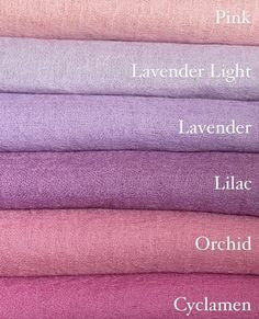 six different colors of fabric stacked on top of each other with the words lavender light, lavender lavender lila and lilac