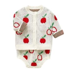 Apple Design Knitted Coat and Romper Set White Knitted Long Sleeve Set, Cream Cotton Onesie For Winter, Winter Cream Cotton Onesie, Cute White Sets For Fall, Knitted Cotton Sets For Winter, Knitted Cotton Winter Sets, Winter Knitted Cotton Sets, Fall Cream Cotton Onesie, Long Sleeve Cream Onesie For Spring