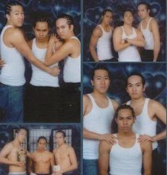 multiple pictures of men in tank tops posing for a photo shoot with their arms around each other