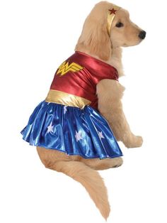 a dog dressed up like wonder woman is jumping in the air with her paws on its back