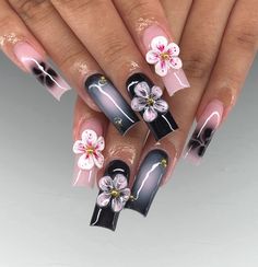 Orchid Nails Square, Black Flower Nails, Pink Ombre Nails, Girly Acrylic Nails, Unique Acrylic Nails, Long Square Acrylic Nails, Bling Acrylic Nails, Nails Pink, Pink Acrylic Nails