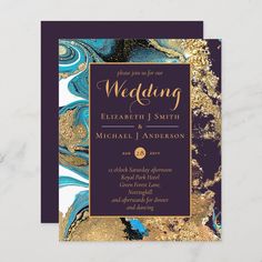 an elegant wedding card with gold and blue marble on the front, featuring a black background