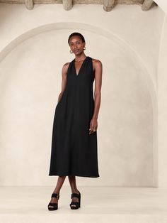 Juli Crepe Midi Dress | Banana Republic Flowy A-line Midi Dress In Viscose, Chic A-line Viscose Maxi Dress, Flowy V-neck Midi Dress For Work, Chic Unlined V-neck Maxi Dress, Chic V-neck Maxi Dress In Viscose, Versatile Sleeveless Daywear Dress, Spring Longline Midi Dress For Date Night, Pleated V-neck Midi Dress In Viscose, V-neck Viscose Maxi Dress For Work