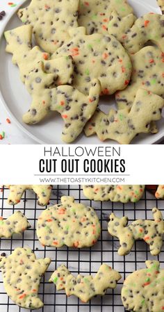 halloween cut out cookies on a cooling rack with sprinkles in the background