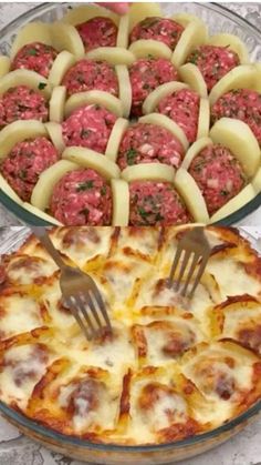 a pizza with meatballs and cheese on it is next to a plate of pasta balls