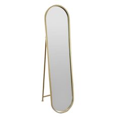 a large mirror with a metal frame and stand on the floor, against a white background