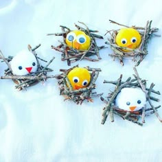 baby chick nests made out of twigs with eyes and nose painted on the top