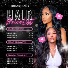 the hair price list for brazilian curly wigs is displayed in front of a black background