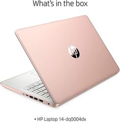 the hp laptop is pink in color and has an image of a logo that says, what's in the box?