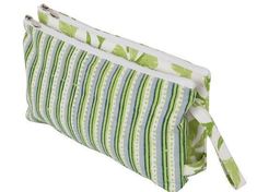 a green and white striped bag with the word large on it's bottom corner