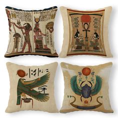 four pillows with egyptian designs on them