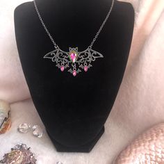 Both The Detail In This Bat Necklace & The Crystals Are Just Absolutely Gorgeous! This Is A Very Cool & Different Necklace! Wear If You Dare! Pink Gothic Jewelry For Halloween, Bat Necklace, The Crystals, Goth Accessories, Cameo Necklace, Necklace Heart, Pink Necklace, Heart Necklace, Womens Jewelry Necklace