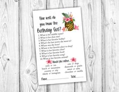 a printable birthday party game with pineapples and pink flowers on it, which is