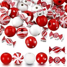 many red and white candies are scattered around