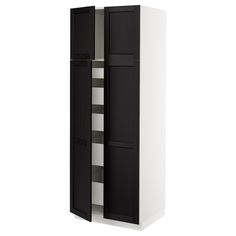 a tall black and white cabinet with two doors on one side, an open door on the other