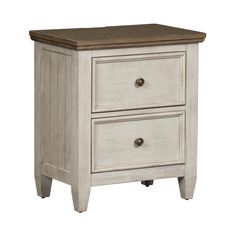 an old white nightstand with two drawers on top of it and a brown wooden top