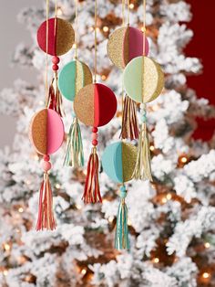 a christmas tree with ornaments hanging from it