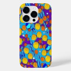 an iphone case with colorful bubbles and circles in blue, yellow, orange and purple