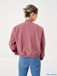 Orcajump - Button Front Bomber Jacket, Casual Solid Long Sleeve Outerwear, Women's Clothing Casual Solid Color Outerwear With Stand Collar, Casual Stretch Solid Color Outerwear, Casual Stretch Outerwear In Solid Color, Stretch Button-up Outerwear For Work, Casual Stretch Button-up Outerwear, Casual Plain Outerwear For Work, Trendy Stretch Button-up Outerwear, Stretch Button-up Outerwear For Fall, Stretch Button-up Fall Outerwear