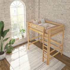 a wooden bunk bed next to a potted plant on a rug in front of a brick wall