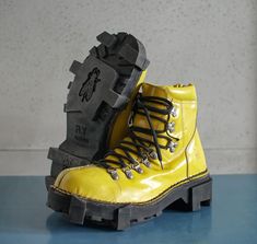 Yellow Rain Boots, Fly London Shoes, Yellow Boots, Knee High Heels, Chunky Shoes, Club Kids, New Rock, Fly London, Vintage Boots