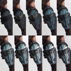 several pictures of different types of masks on someone's arm and hand, all in various angles