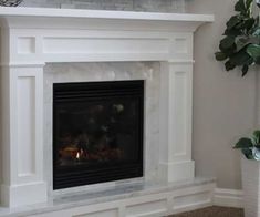 a living room with a fireplace and potted plants