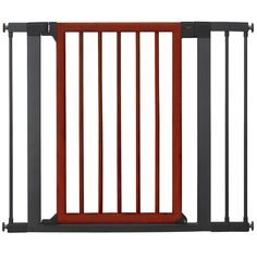 a wooden gate with metal bars on the top and bottom, in front of a white background