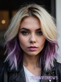 Dark Purple Roots Blonde Hair, Purple Balayage Blonde Hair, Blonde Purple Peekaboo, Blonde Purple Blue Hair, Blonde Hair With Color Block, Short Blonde Purple Hair, Blonde And Peekaboo Color, Blond With Colored Tips, Blonde Hair Fun Color Ideas