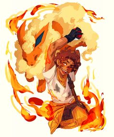 a drawing of a person with fire in the background