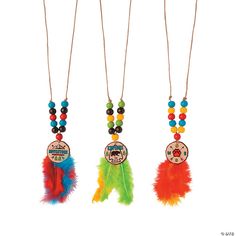 three necklaces with colorful feathers and beads