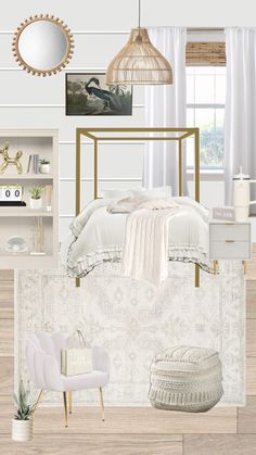 a bedroom with white walls and wood flooring, including a gold metal bed frame