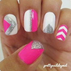 <3 Pink, White, Silver Glitter Nails Classic Nail Designs, Chevron Nails, Hot Pink Nails, Easy Nails, Classic Nails, Nails Polish, Pink Nail Designs, Nail Polish Designs, Nailed It