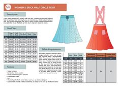 women's skirt circle skirt sewing pattern with measurements and instructions for size chart on the bottom