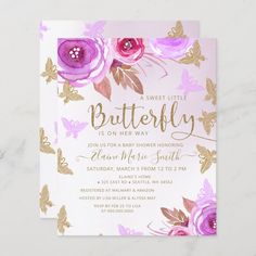 a pink and gold butterfly baby shower with flowers