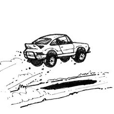 a drawing of a truck flying through the air with its wheels in mid - air