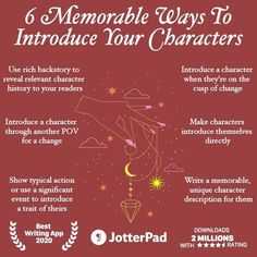 a red poster with the text 6 memorable ways to introduce your characters in literature and writing