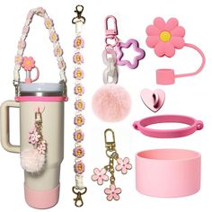 various items are shown including a coffee cup, keychain, and bracelets