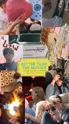 collage of photos with people and objects in them, including an advertisement for the movie better than the movies