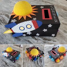 this is an image of a box made to look like a rocket ship with the sun on top