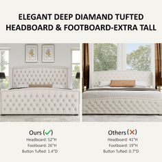 an advertisement for a bed and footboard extra tall headboard with buttons on each side