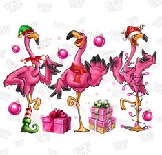 three flamingos wearing christmas hats and holding presents