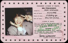 an id card with a photo of a young man in the middle and stars around it